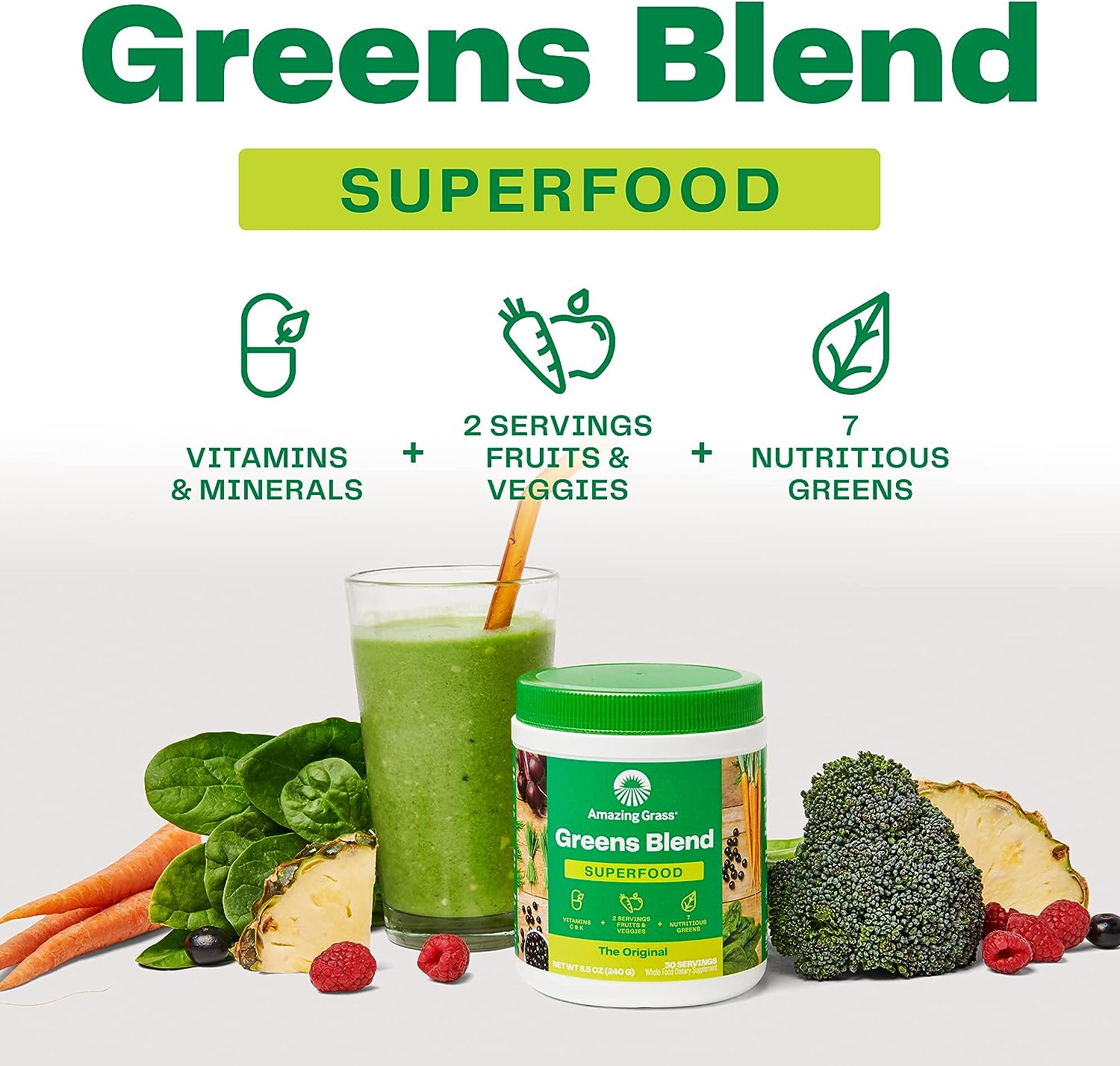 Amazing Grass Greens Blend Superfood: Super Greens Powder Smoothie Mix with Organic Spirulina, Chlorella, Beet Root Powder, Digestive Enzymes  Probiotics, Original, 60 Servings, Boost Energy