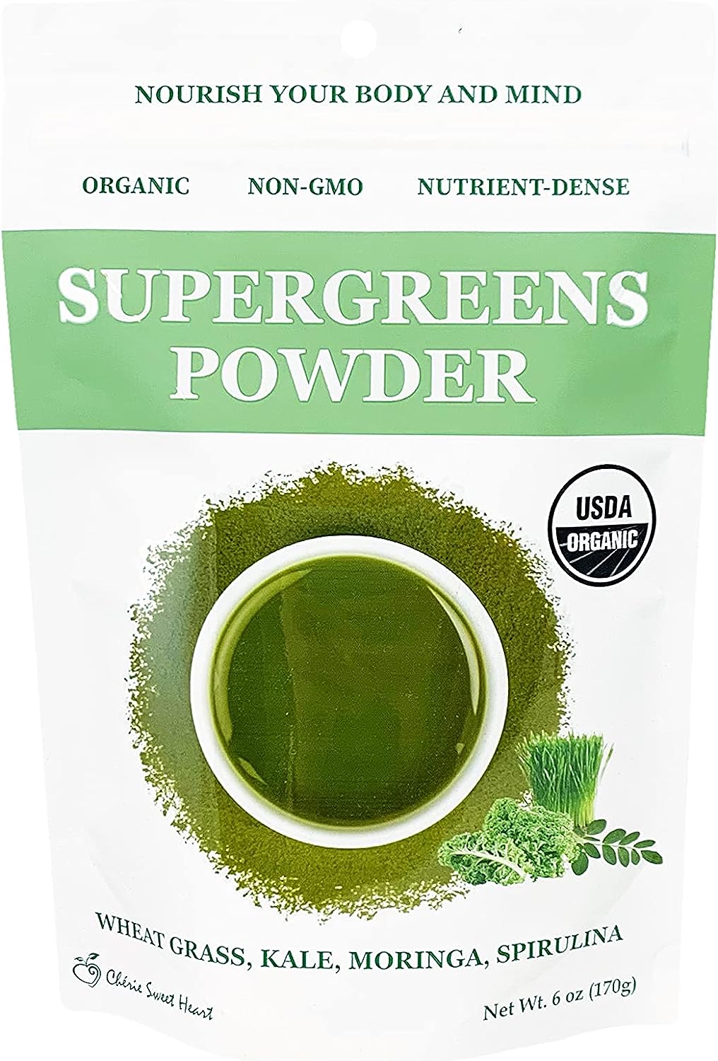 Cherie Sweet Heart Supergreens Powder - Green Superfood - Organic Greens Powder Super Greens - Smoothie Powder - Superfood Powder - Powdered Greens - 6 oz Super Greens Powder - 34 Servings