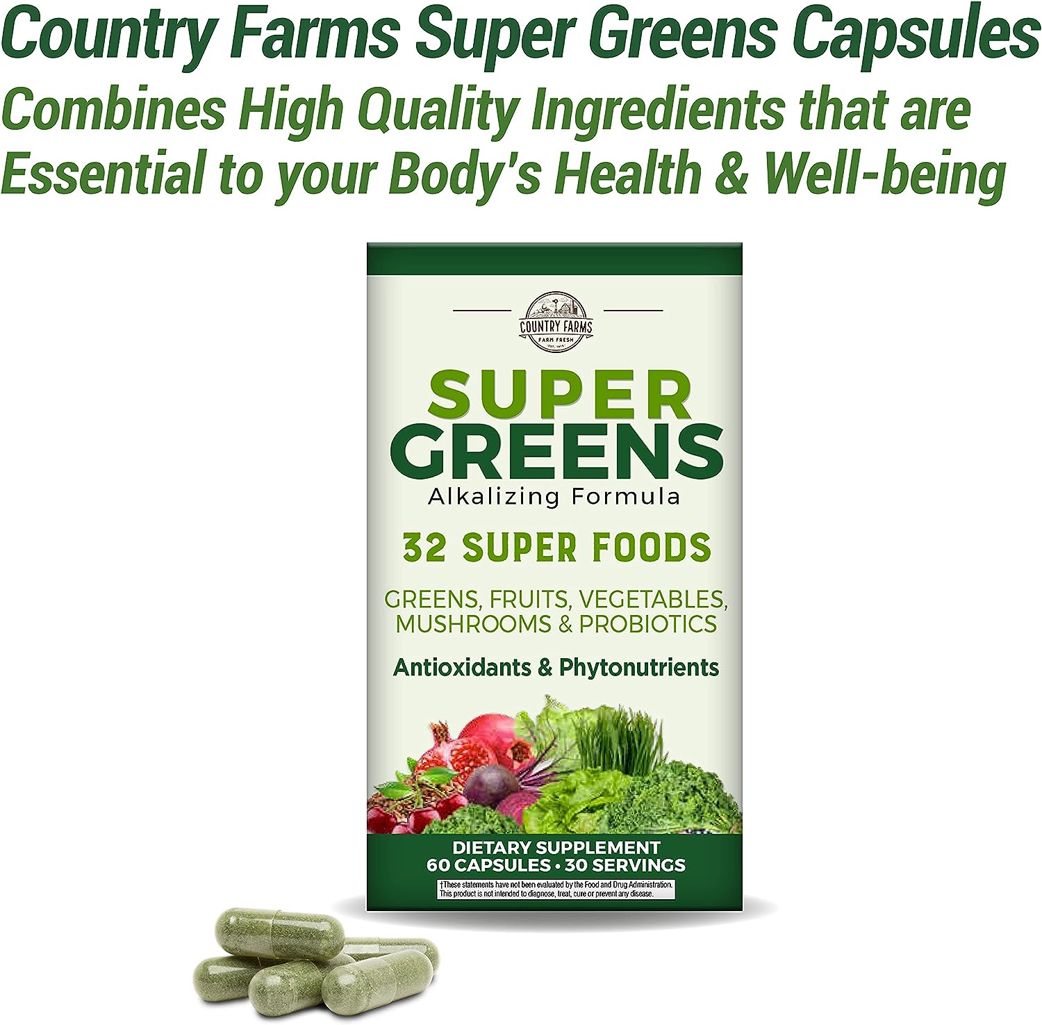 Country Farms Super Greens Capsules, Whole Food Dietary Supplement, 32 Super Foods, 30 servings.