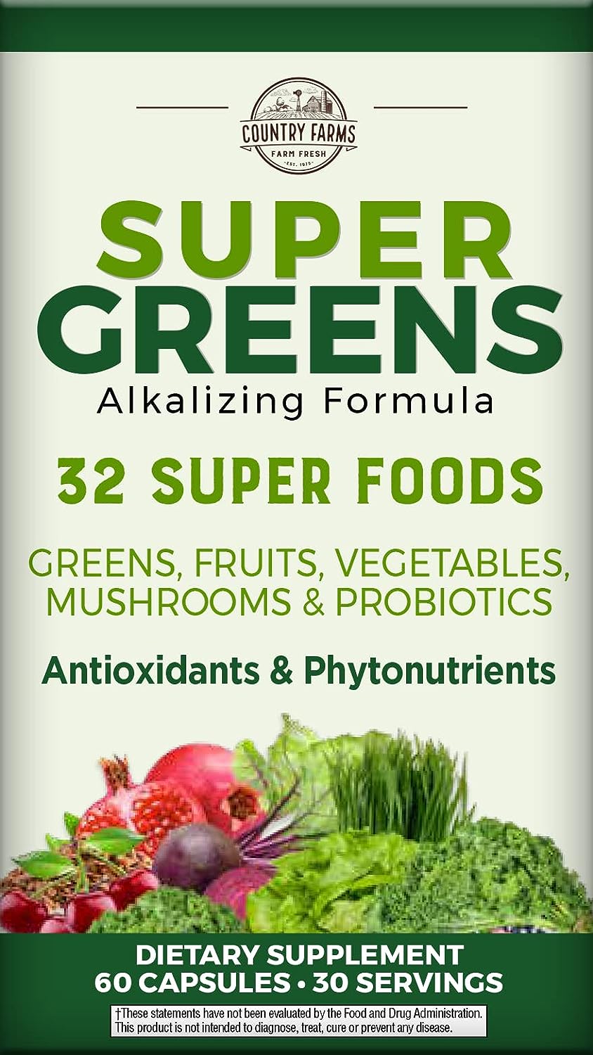 Country Farms Super Greens Capsules, Whole Food Dietary Supplement, 32 Super Foods, 30 servings.