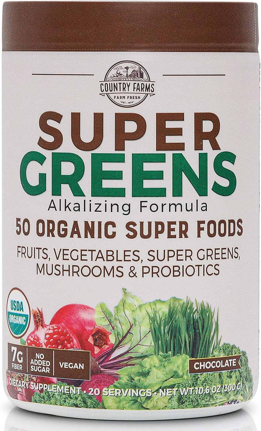 Country Farms Super Greens Flavor, 50 Organic Super Foods, USDA Organic Drink Mix, 20 Servings (Packaging May Vary), (N9880) Chocolate, 10.6 Oz