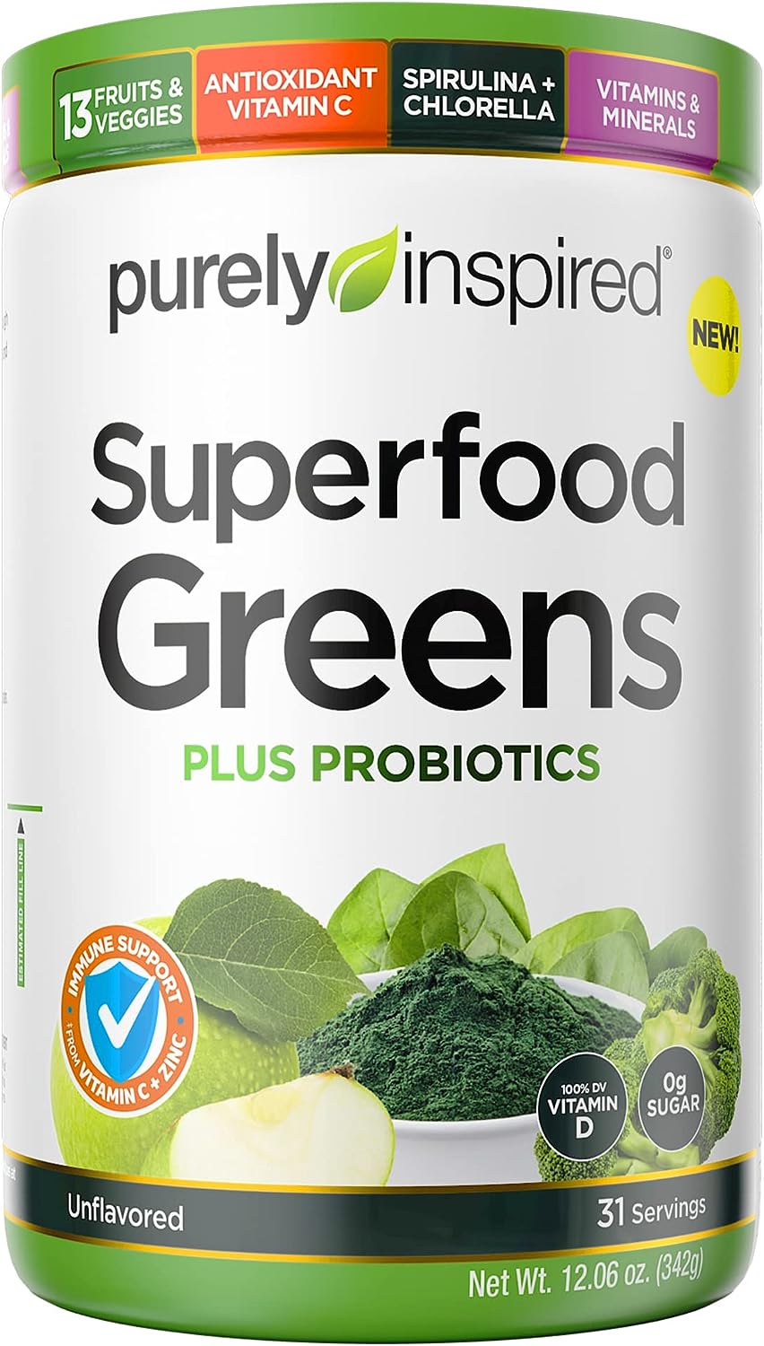 Greens Superfood Power Purely Inspired Superfood Greens Powder Vitamin C  Zinc for Immune Support + Vitamin D Smoothie Mix 13 Fruits  Vegetables 31 Servings