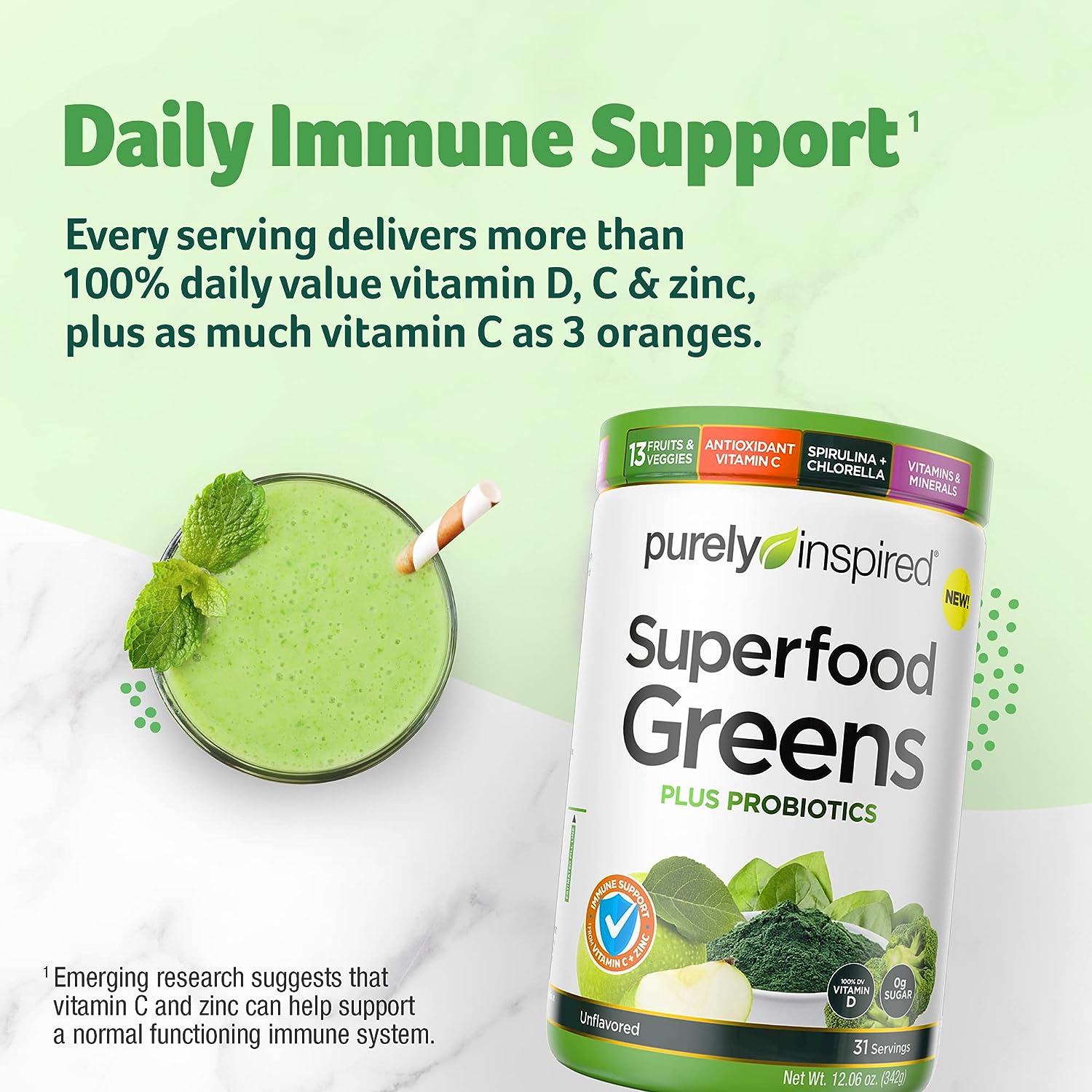 Greens Superfood Power Purely Inspired Superfood Greens Powder Vitamin C  Zinc for Immune Support + Vitamin D Smoothie Mix 13 Fruits  Vegetables 31 Servings