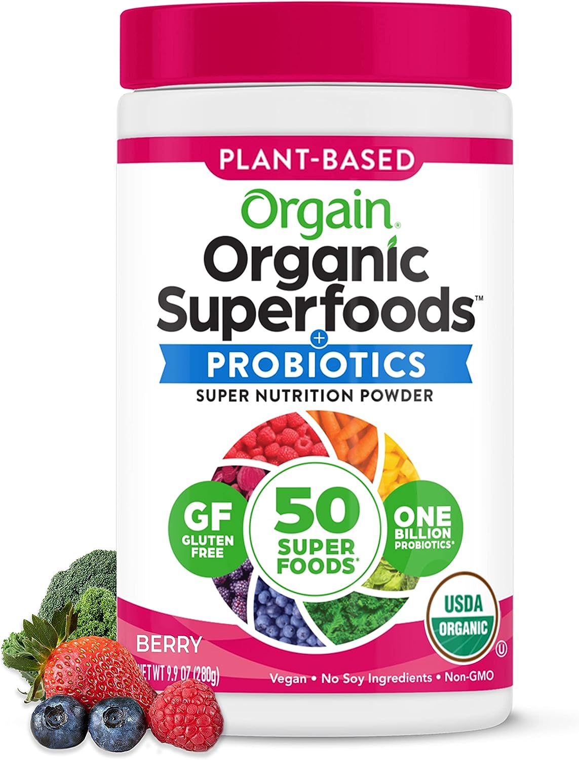 Orgain Organic Greens Powder + 50 Superfoods, Berry - 1 Billion Probiotics for Gut Health, Antioxidants, Vegan, Plant Based, Gluten Free, Non GMO, Dairy Free Juice  Smoothie Mix - 0.62lb