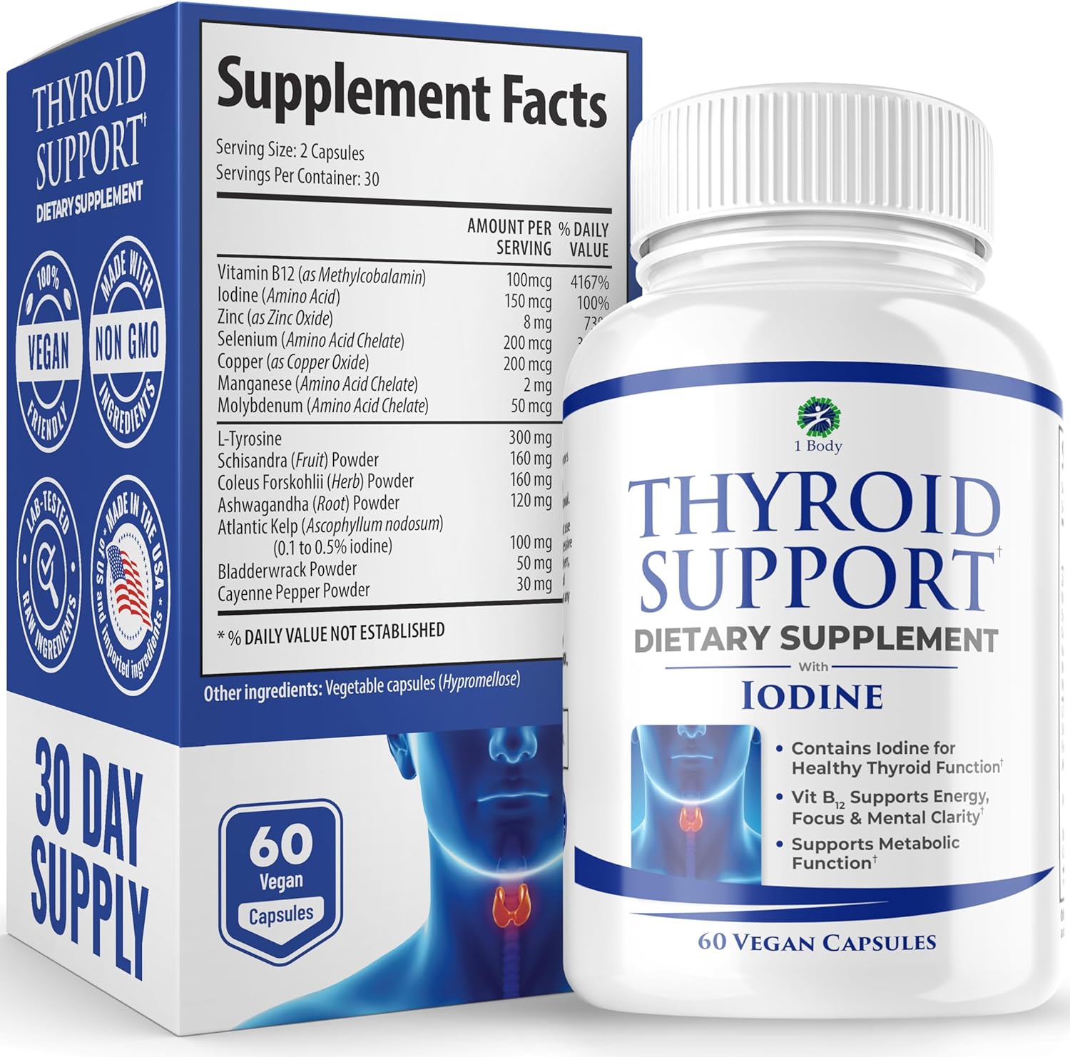 1 Body Thyroid Support Supplement with Iodine - Energy  Focus Support Formula - Vegetarian  Non-GMO - Vitamin B12 Complex, Zinc, Selenium, Ashwagandha, Copper  More 30 Day Supply