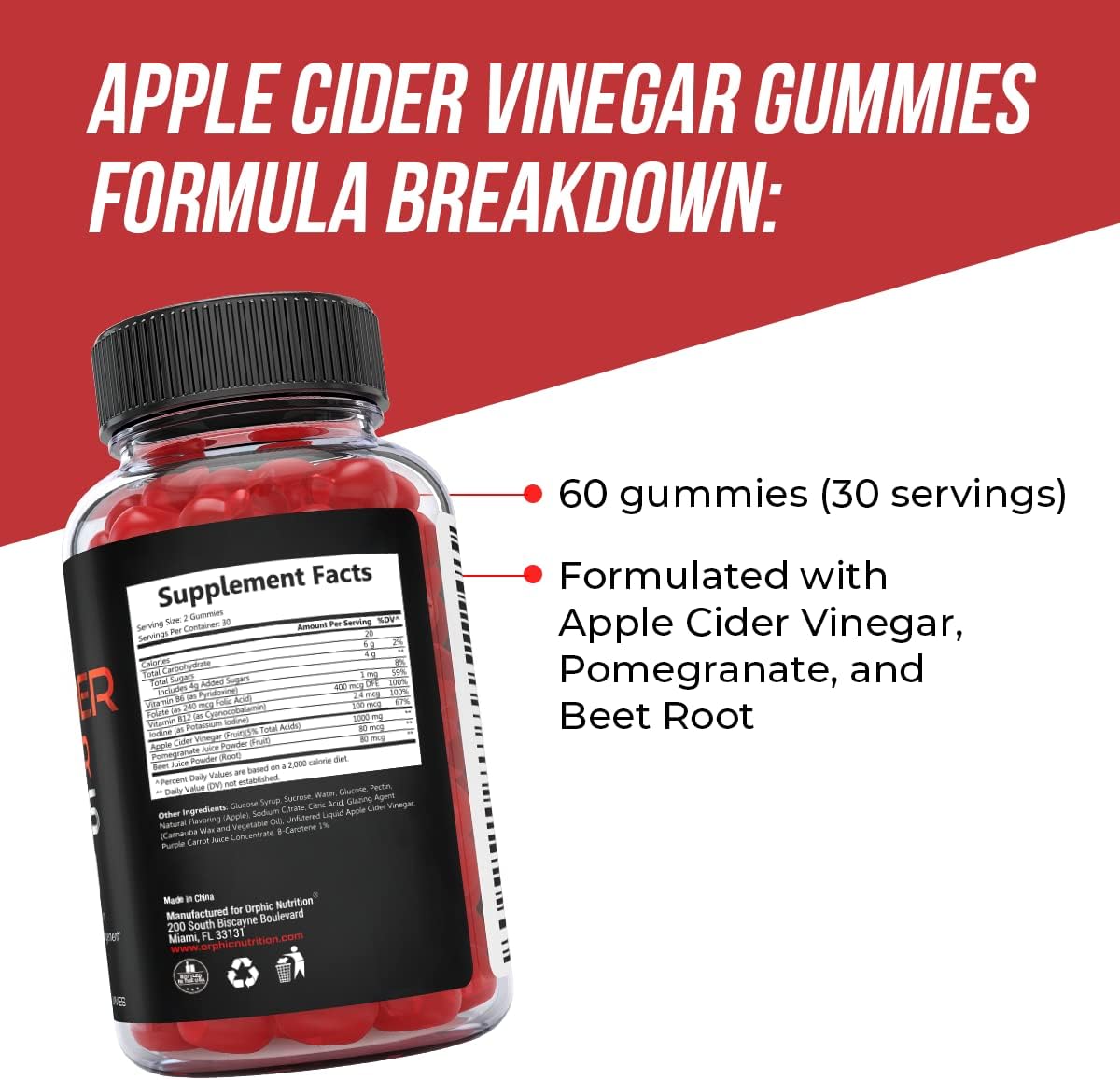 Apple Cider Vinegar Gummies - 1000mg - Formulated to Support Weight Loss Efforts  Gut Health* - Supports Digestion, Detox  Cleansing* - ACV Gummies W/VIT B12, Beetroot  Pomegranate (60 Gummies)