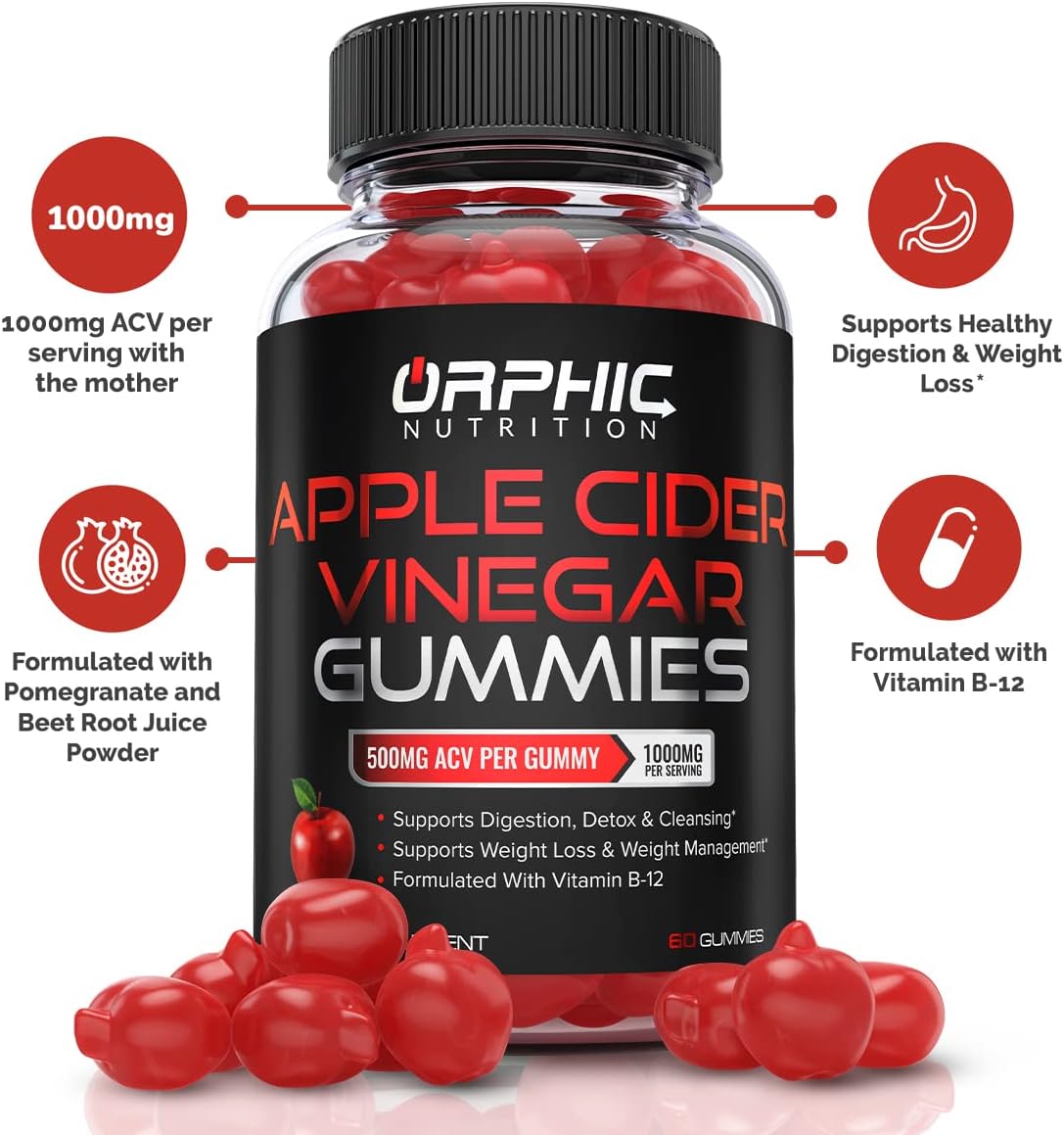 Apple Cider Vinegar Gummies - 1000mg - Formulated to Support Weight Loss Efforts  Gut Health* - Supports Digestion, Detox  Cleansing* - ACV Gummies W/VIT B12, Beetroot  Pomegranate (60 Gummies)