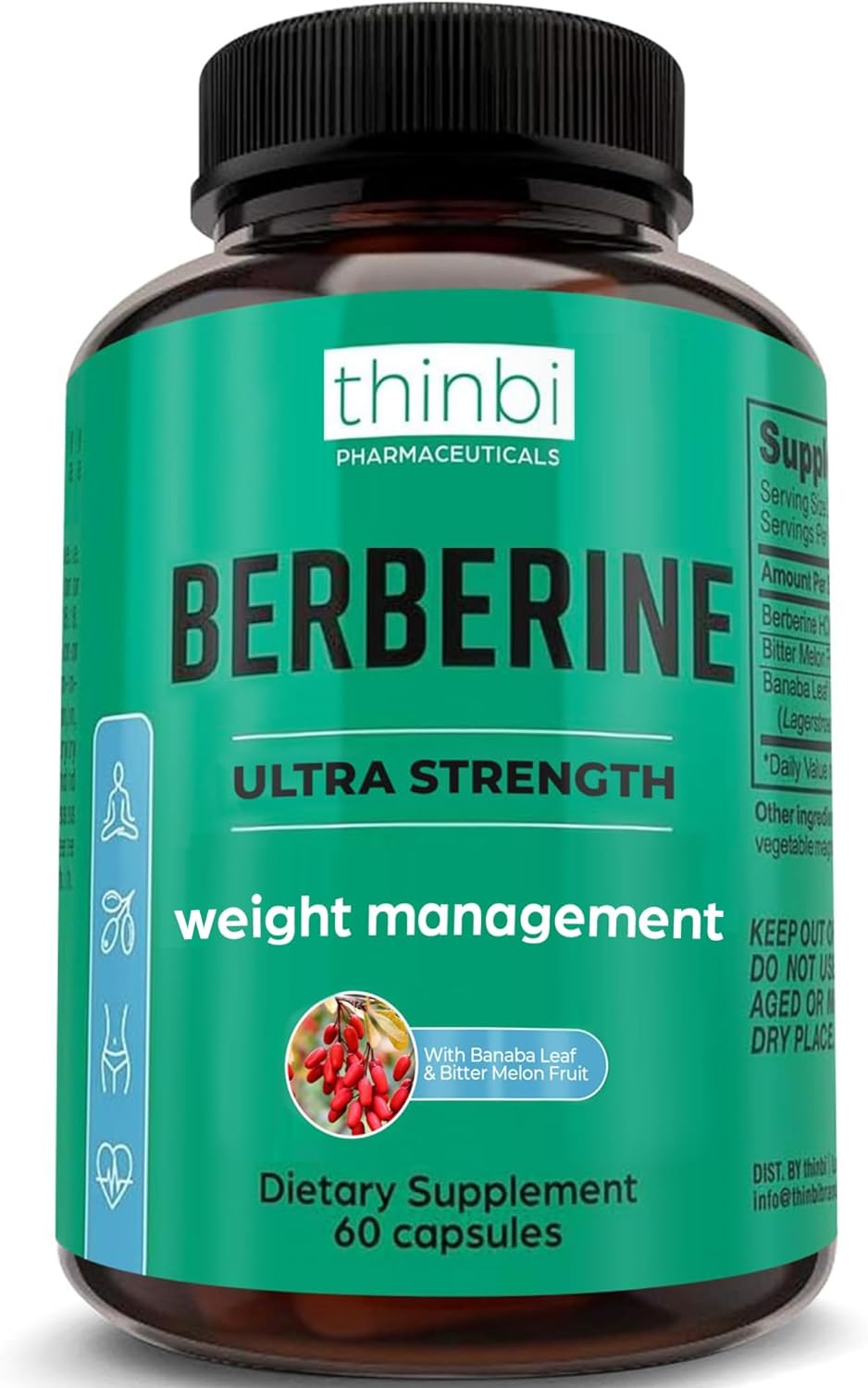 Berberine Supplement 1000mg Potent Botanical Capsules for Weight Management Support with Bitter Melon Fruit and Banaba Leaf Extract - Berberine HCl from Indian Barberry Extract - 30 Servings -Thinbi