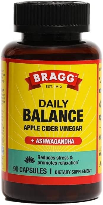 Bragg Daily Balance Apple Cider Vinegar and Sensoril Ashwagandha Capsules - 750mg of Acetic Acid – Energy Weight Management Support - Natural Everyday Stress Relief and Mood Enhancer - (90 Pills) Bragg Daily Balance Apple Cider Vinegar and Sensoril Ashwagandha Capsules - 750mg of Acetic Acid – Energy Weight Management Support - Natural Everyday Stress Relief and Mood Enhancer - (90 Pills)