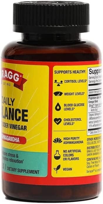 Bragg Daily Balance Apple Cider Vinegar and Sensoril Ashwagandha Capsules - 750mg of Acetic Acid – Energy Weight Management Support - Natural Everyday Stress Relief and Mood Enhancer - (90 Pills) Bragg Daily Balance Apple Cider Vinegar and Sensoril Ashwagandha Capsules - 750mg of Acetic Acid – Energy Weight Management Support - Natural Everyday Stress Relief and Mood Enhancer - (90 Pills)