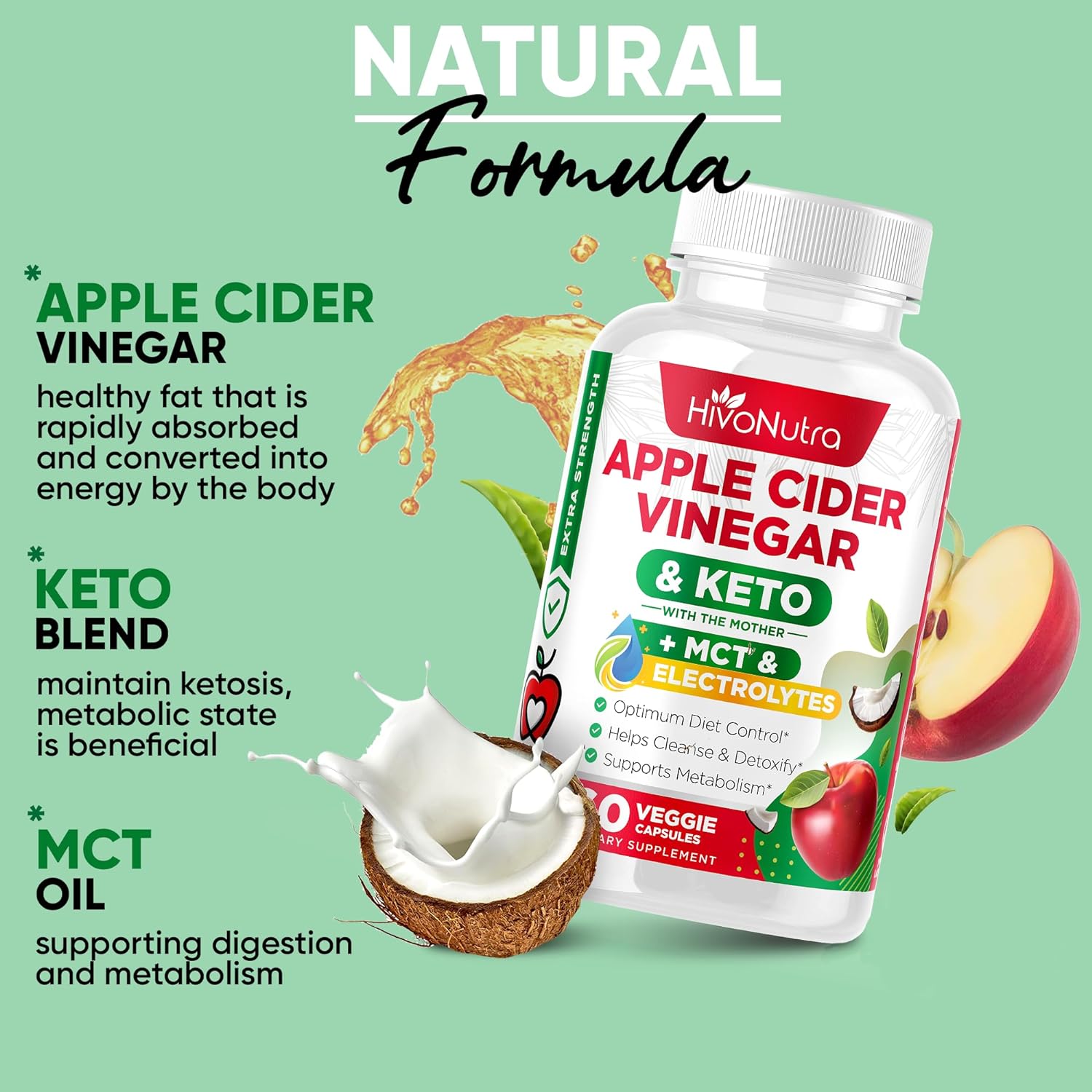 HivoNutra 4X Strength Apple Cider Vinegar Capsules + Keto  MCT Oil for Women  Men - Diet Supplement Helps Cleanse  Detox - Supports Healthy Diet - Vegan ACV Pills with Mother