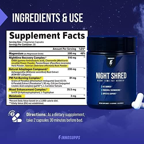 InnoSupps Night Shred | Night Time Fat Burner and Natural Sleep Support | Ashwaganda, 5-HTP, CLA, Melatonin | Appetite Suppressant | Weight Loss Support (60 Vegetarian Capsules)