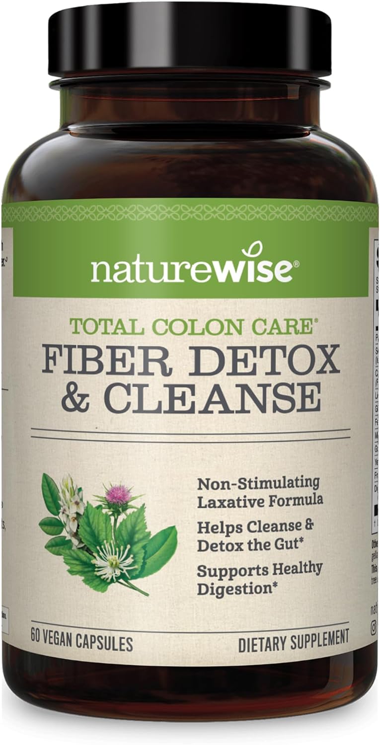 NatureWise Total Colon Care Fiber Cleanse with Herbal Laxatives, Prebiotics,  Digestive Enzymes for Healthy Elimination, Safe Digestion  Weight, Detox,  Gut Health [1 Month Supply - 60 Count]