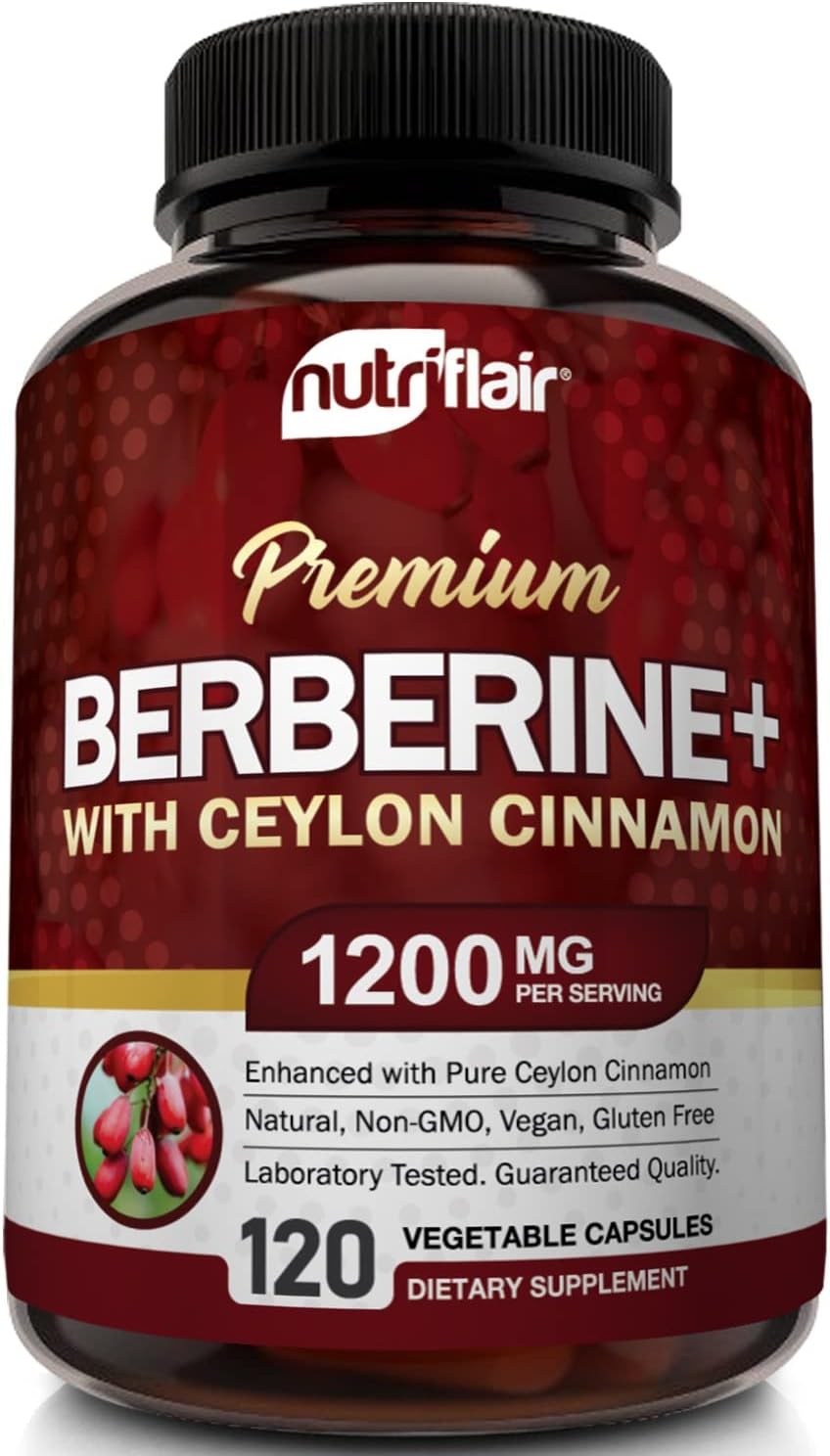 NutriFlair Premium Berberine HCL 1200mg, 120 Capsules - Plus Pure True Ceylon Cinnamon, HCI Root Supplements Pills - Supports Glucose Metabolism, Immune System, Healthy Weight Management