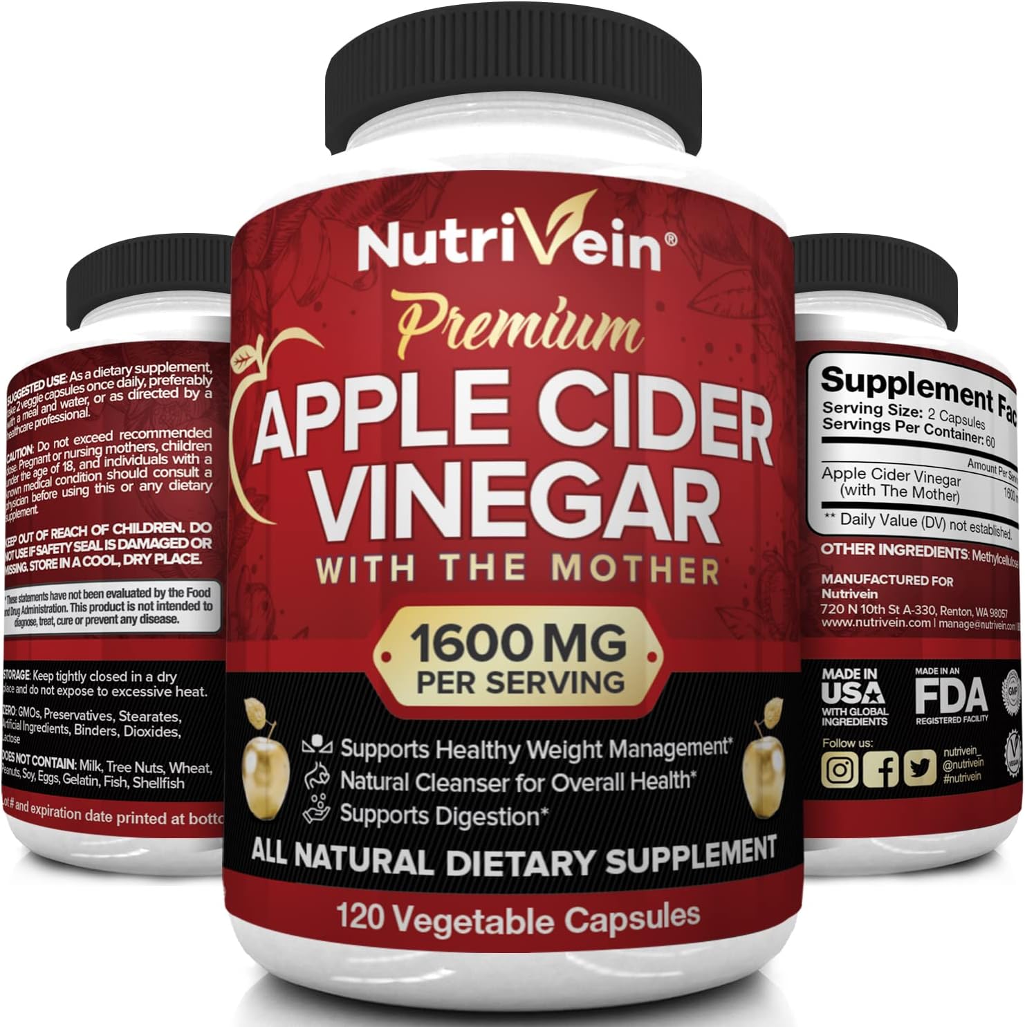 Nutrivein Apple Cider Vinegar Capsules with Mother - 1600mg - 120 Vegan Pills - Supports Healthy Weight Loss, Diet, Digestion, Keto, Cleanser - Best Supplement for Immune System - ACV Raw