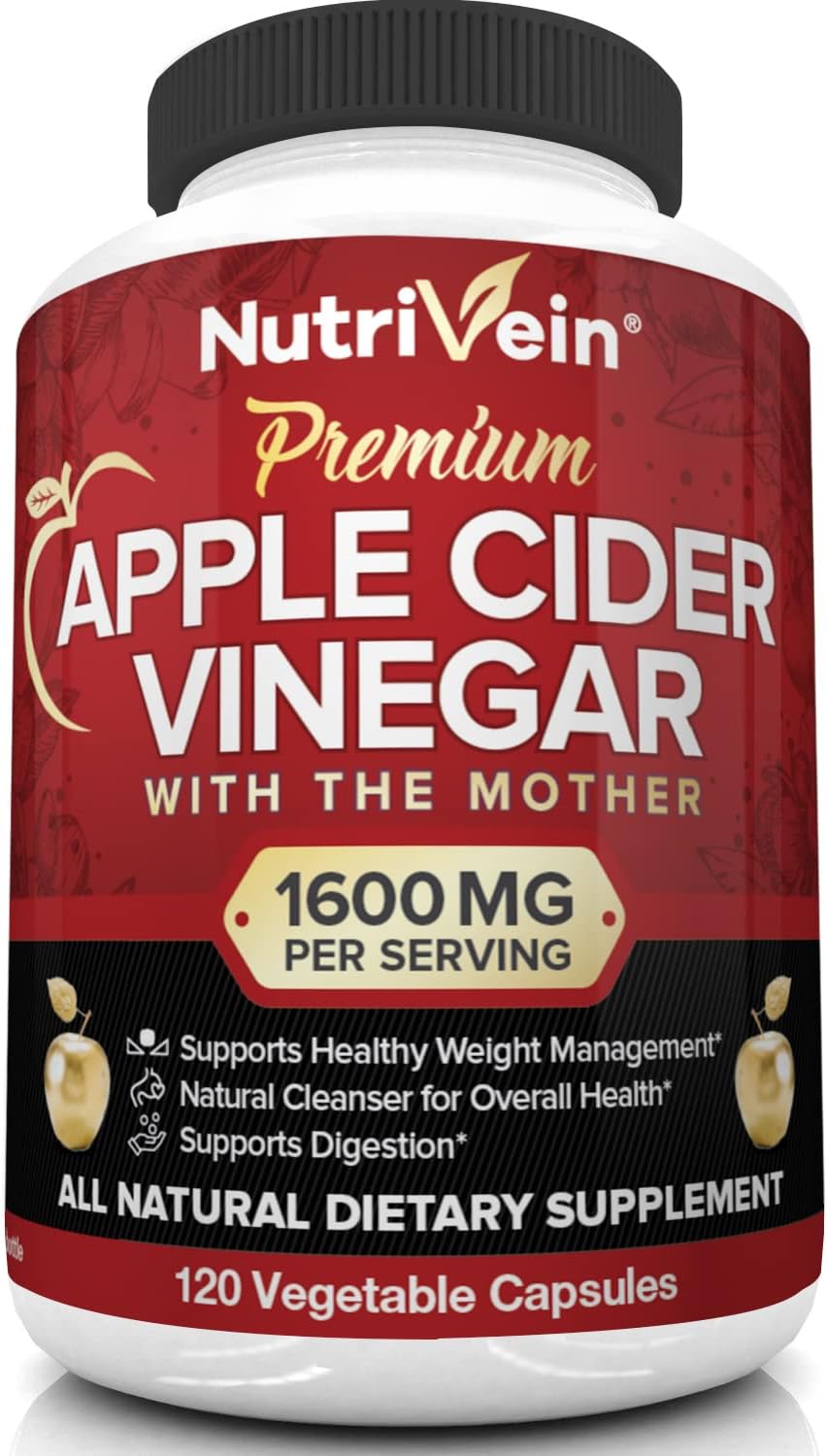 Nutrivein Apple Cider Vinegar Capsules with Mother - 1600mg - 120 Vegan Pills - Supports Healthy Weight Loss, Diet, Digestion, Keto, Cleanser - Best Supplement for Immune System - ACV Raw
