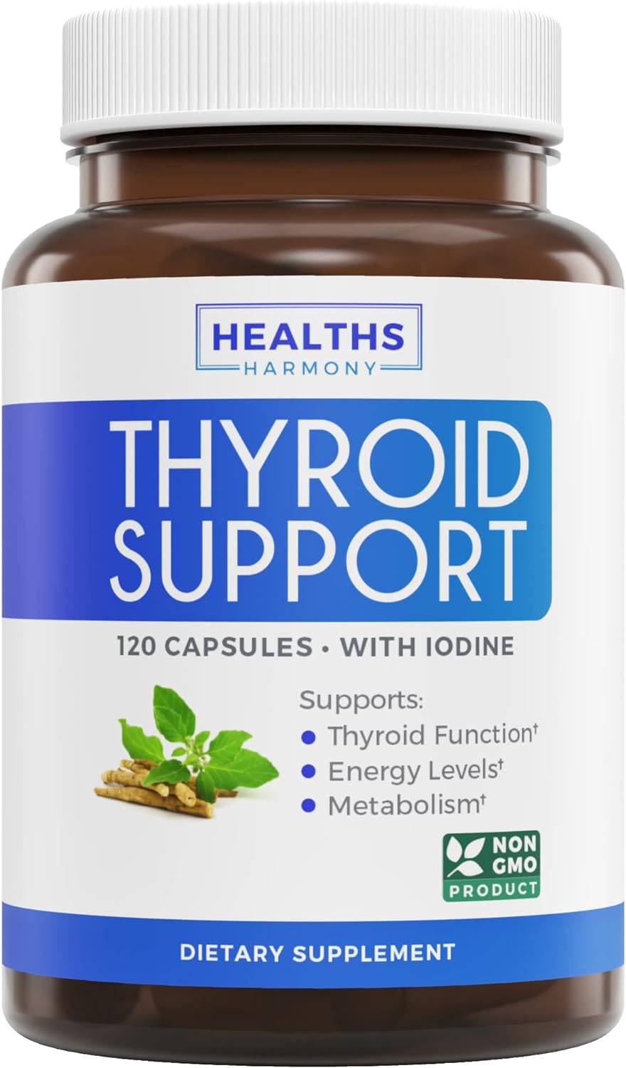 Thyroid Support with Iodine - 120 Capsules (Non-GMO) Improve Your Energy - Ashwagandha Root, Zinc, Selenium, Vitamin B12 Complex - Thyroid Health Supplement for Women and for Men - 60 Day Supply