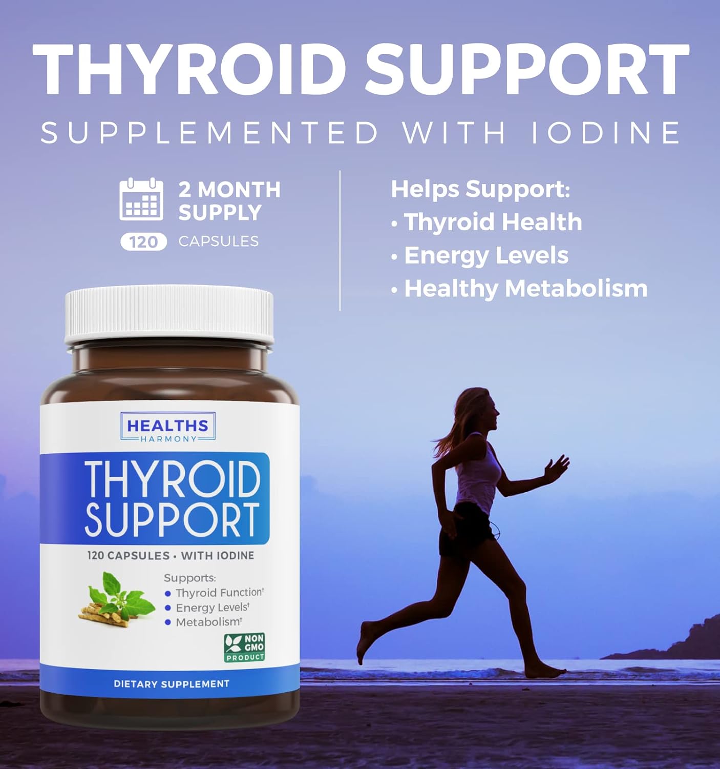 Thyroid Support with Iodine - 120 Capsules (Non-GMO) Improve Your Energy - Ashwagandha Root, Zinc, Selenium, Vitamin B12 Complex - Thyroid Health Supplement for Women and for Men - 60 Day Supply