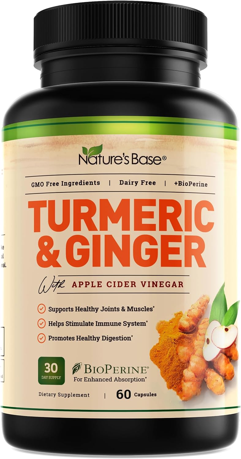 Turmeric and Ginger Supplement - Tumeric Curcumin Joint Support Pills - with Apple Cider Vinegar  BioPerine Black Pepper - 95% Curcuminoids - 60 Capsules