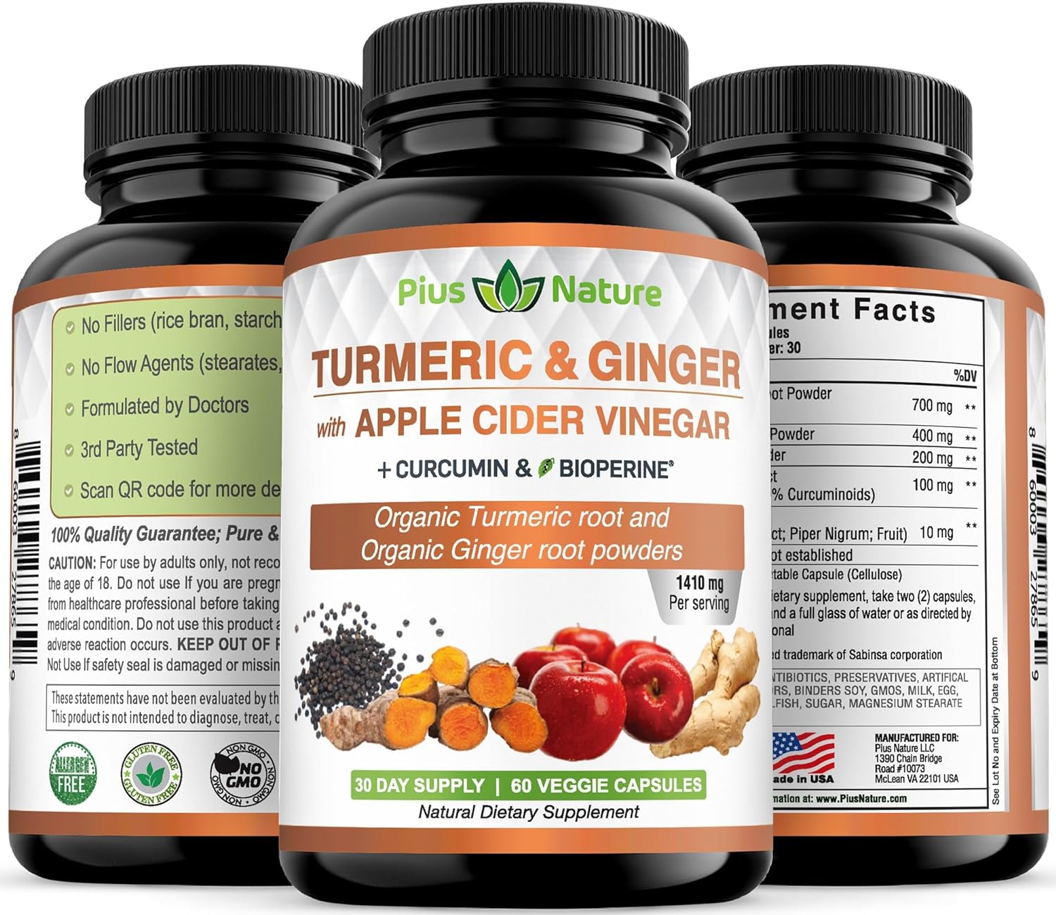 Turmeric Root Powder, Ginger Powder and Apple Cider Vinegar Powder with Curcumin (95% Curcuminoids) and Bioperine, 1410 mg per Serving in Veggie Capsules (120)