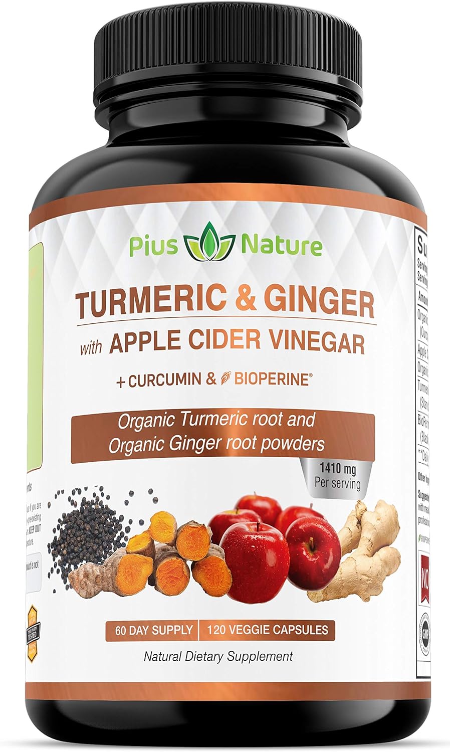 Turmeric Root Powder, Ginger Powder and Apple Cider Vinegar Powder with Curcumin (95% Curcuminoids) and Bioperine, 1410 mg per Serving in Veggie Capsules (120)